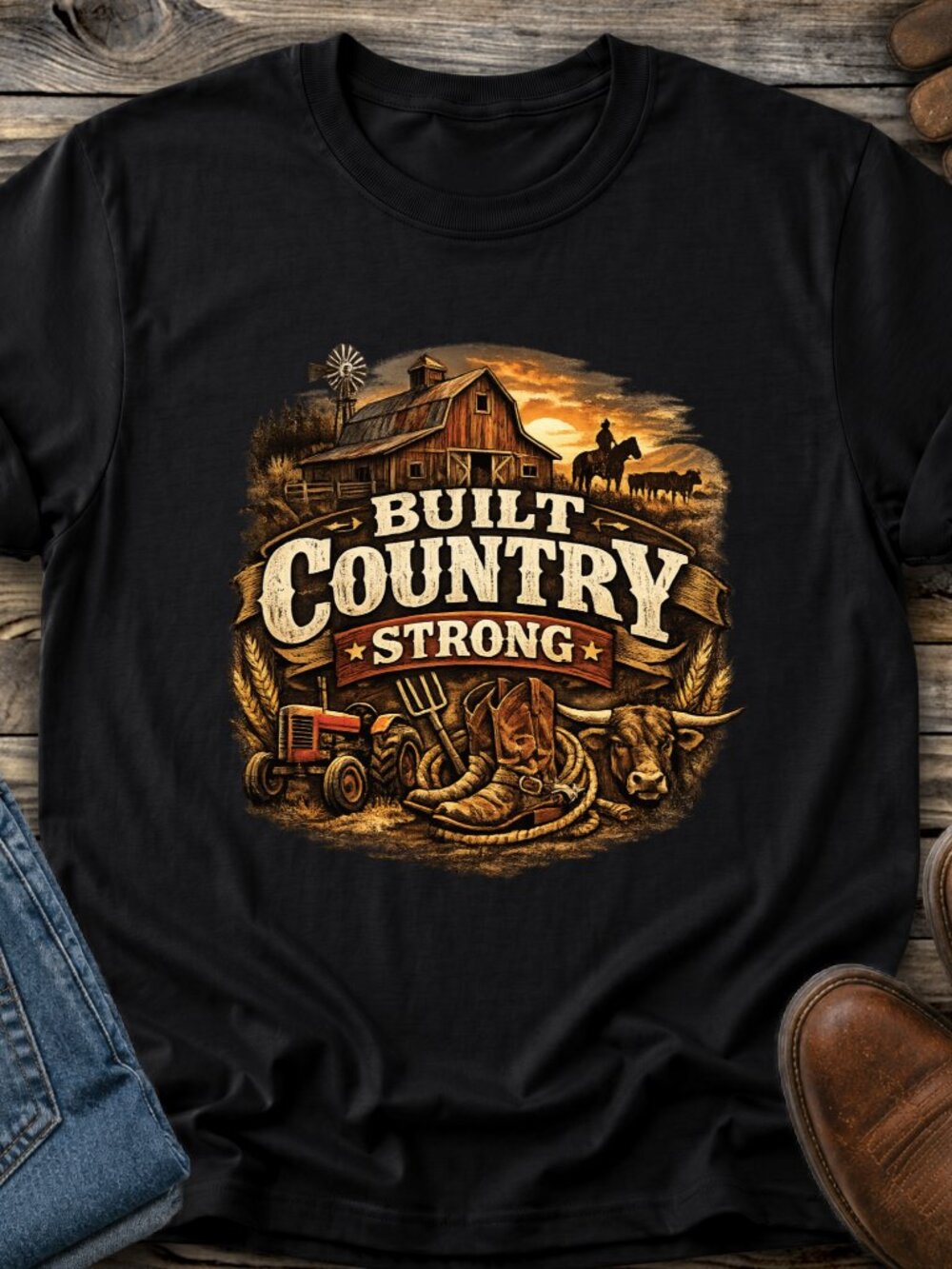 Built Country Strong TShirt Graphic Tee Adult Unisex Western Farm Life Cowboy
